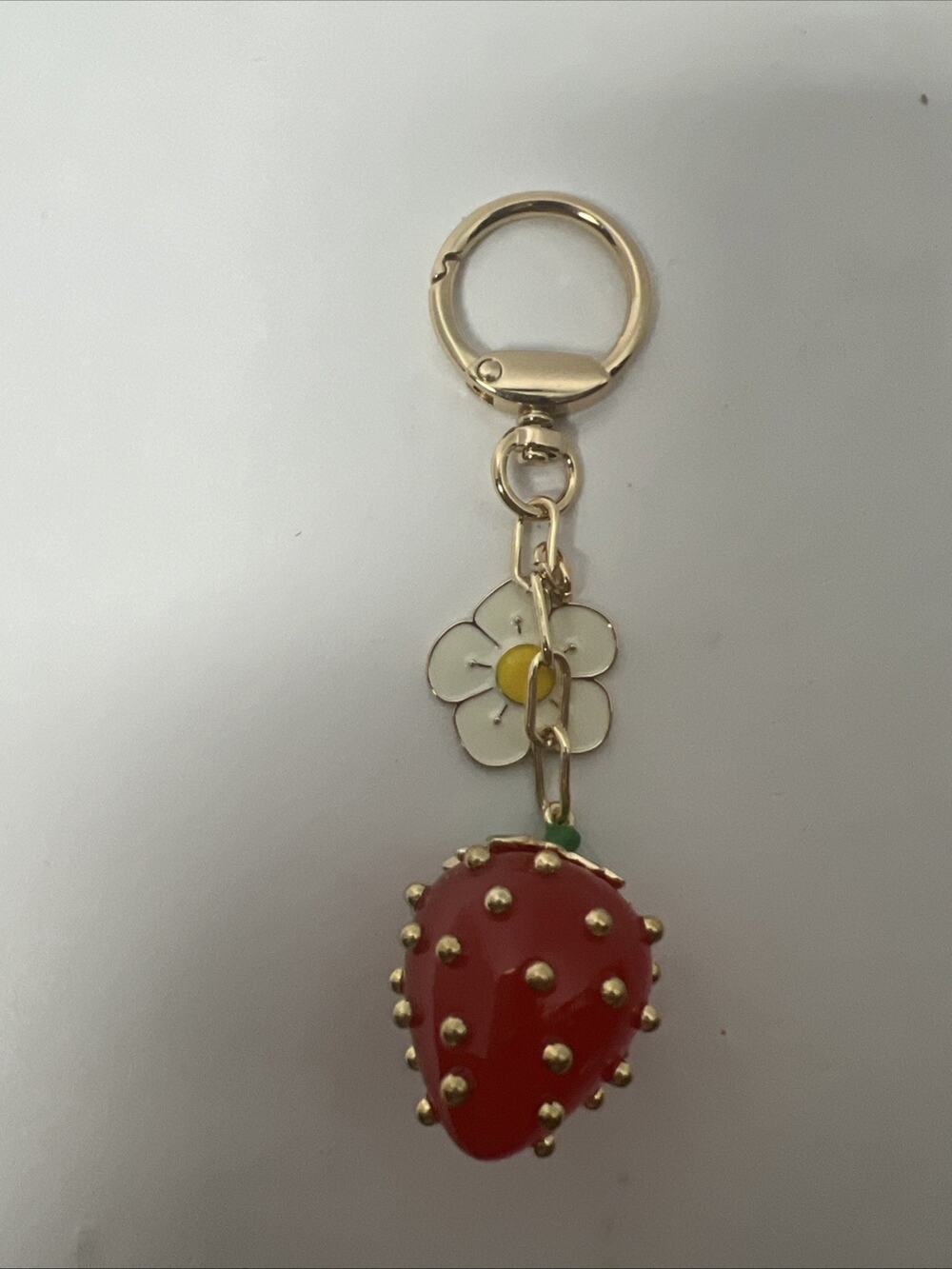 Cute Strawberry Enamel Flower Bag Charm Keychain Gold Tone Purse Accessory New
